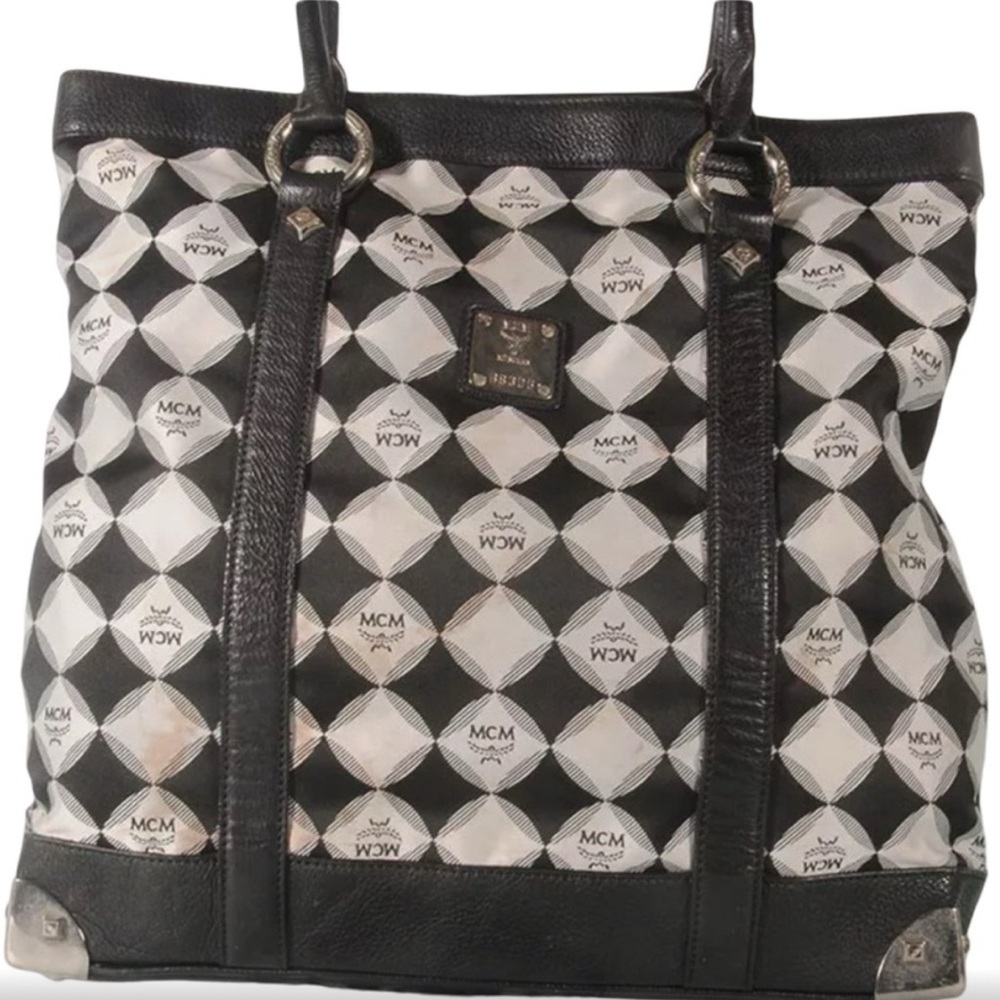 MCM Monochrome Black and White Geometric Nylon ShoulderTote Bag
